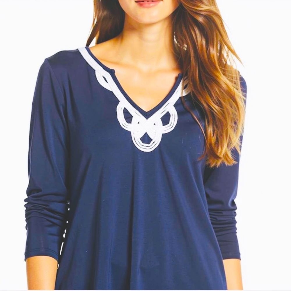 Pappagallo Navy 3/4 Long-Sleeve V-Neck Top with White Trim